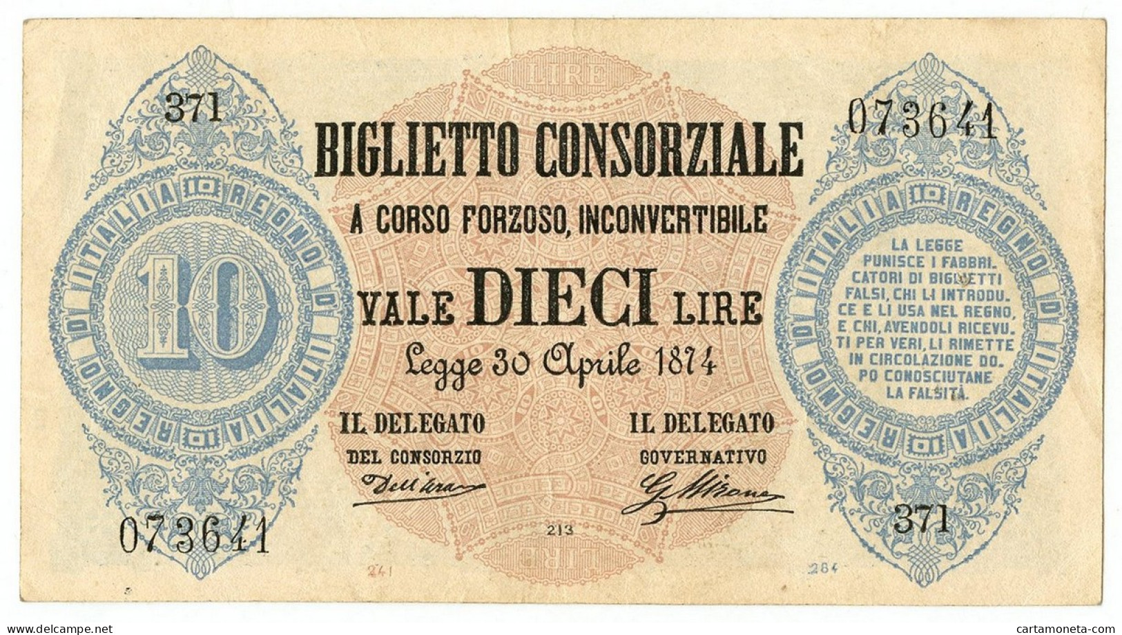 10 LIRE BIGLIETTO CONSORZIALE REGNO D'ITALIA 30/04/1874 BB/SPL - Biglietto Consorziale