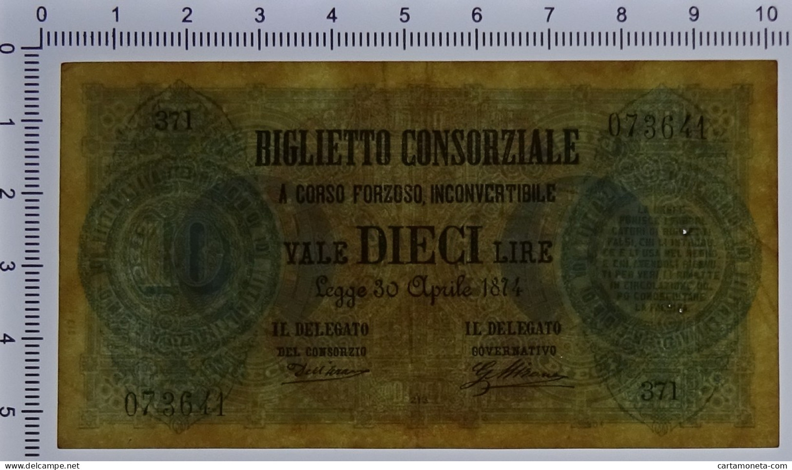 10 LIRE BIGLIETTO CONSORZIALE REGNO D'ITALIA 30/04/1874 BB/SPL - Biglietti Consorziale