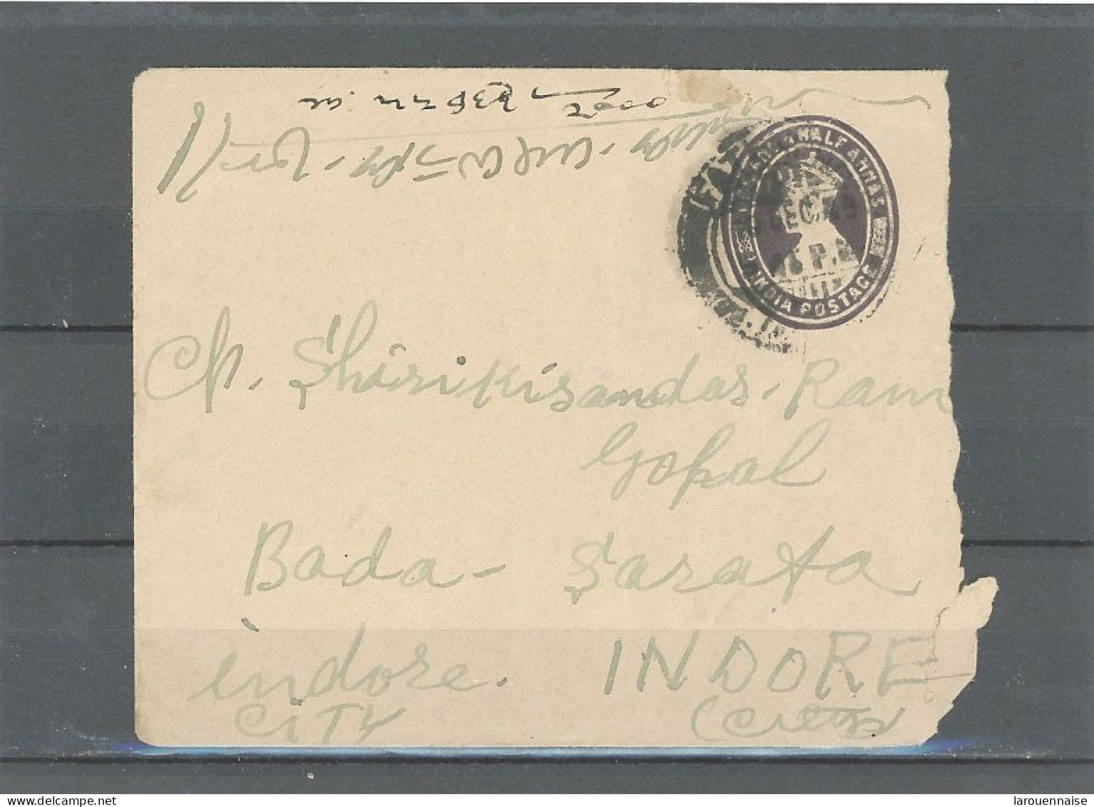 INDES -ENVELOPPE ENTIER - TYPE GEORGE VI -1/2 ANNA VIOLET -CàD FATI 12 DEC 43  POUR INDORE - 1936-47  George VI