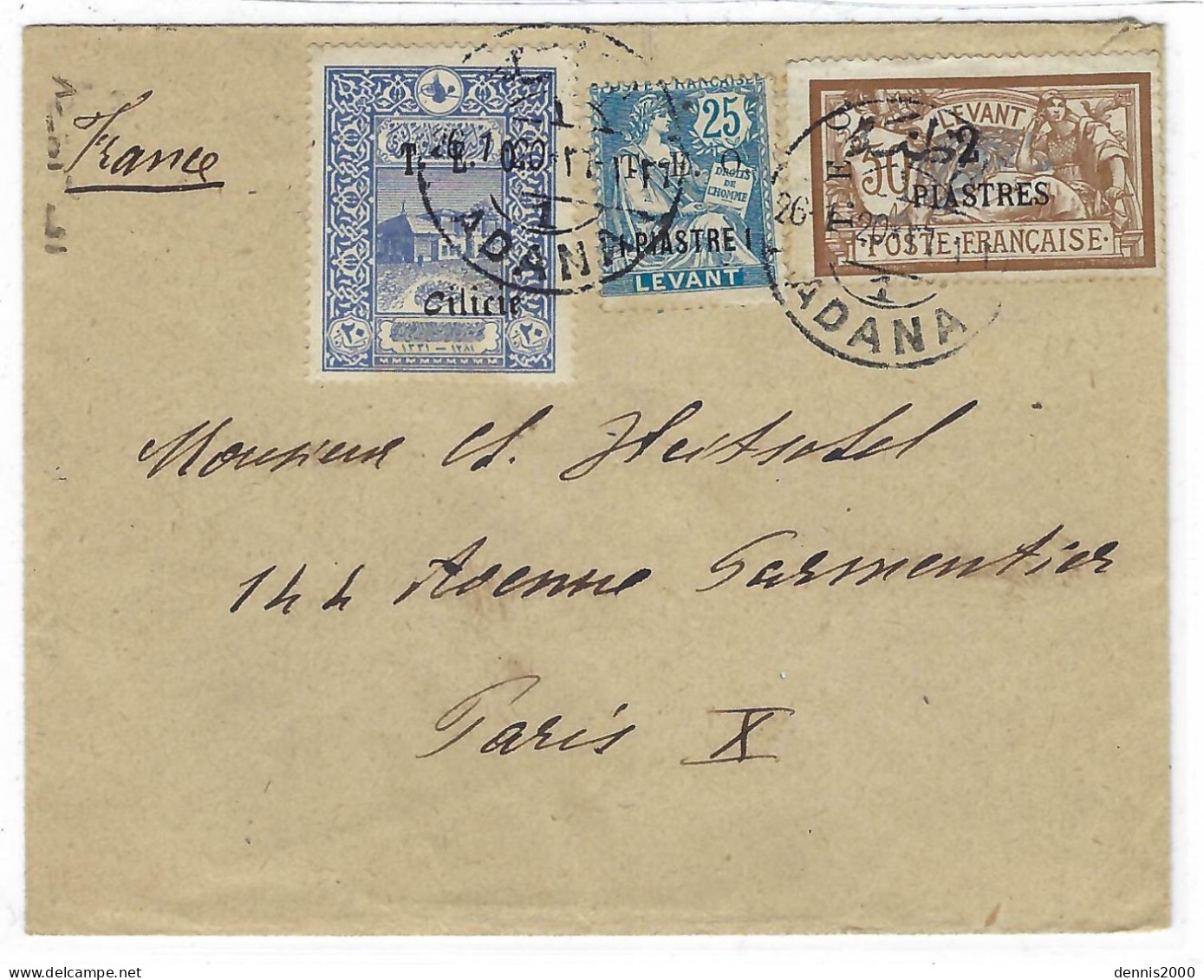 1920 - Enveloppe D' ADANA  Affr. Mixte LEVANT  + Turquie  T E O  / Cilicie Pour Paris - Storia Postale