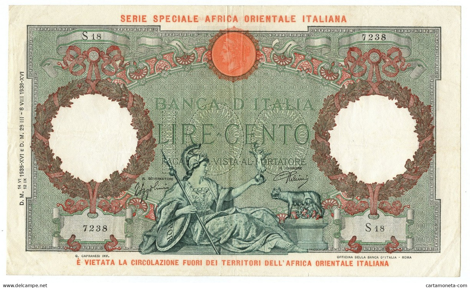 100 LIRE CAPRANESI AQUILA AFRICA ORIENTALE ITALIANA AOI 12/09/1938 BB+ - Africa Oriental Italiana