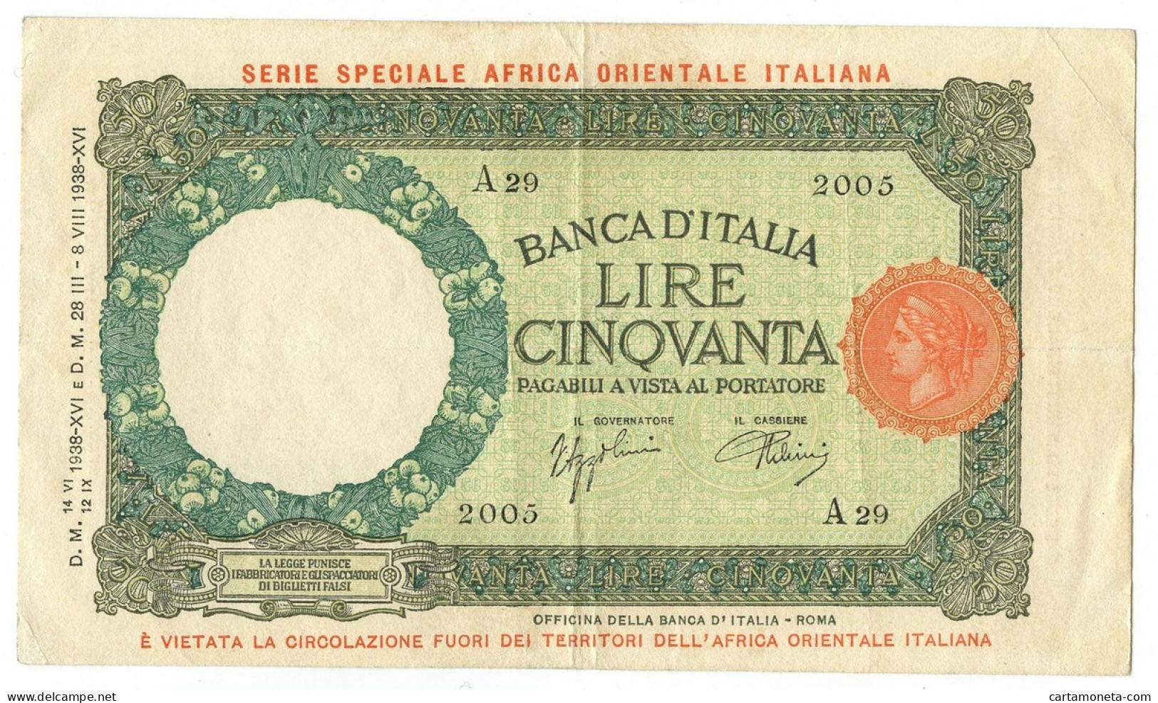 50 LIRE CAPRANESI LUPA CAP. AFRICA ORIENTALE ITALIANA AOI 12/09/1938 BB+ - Afrique Orientale Italienne