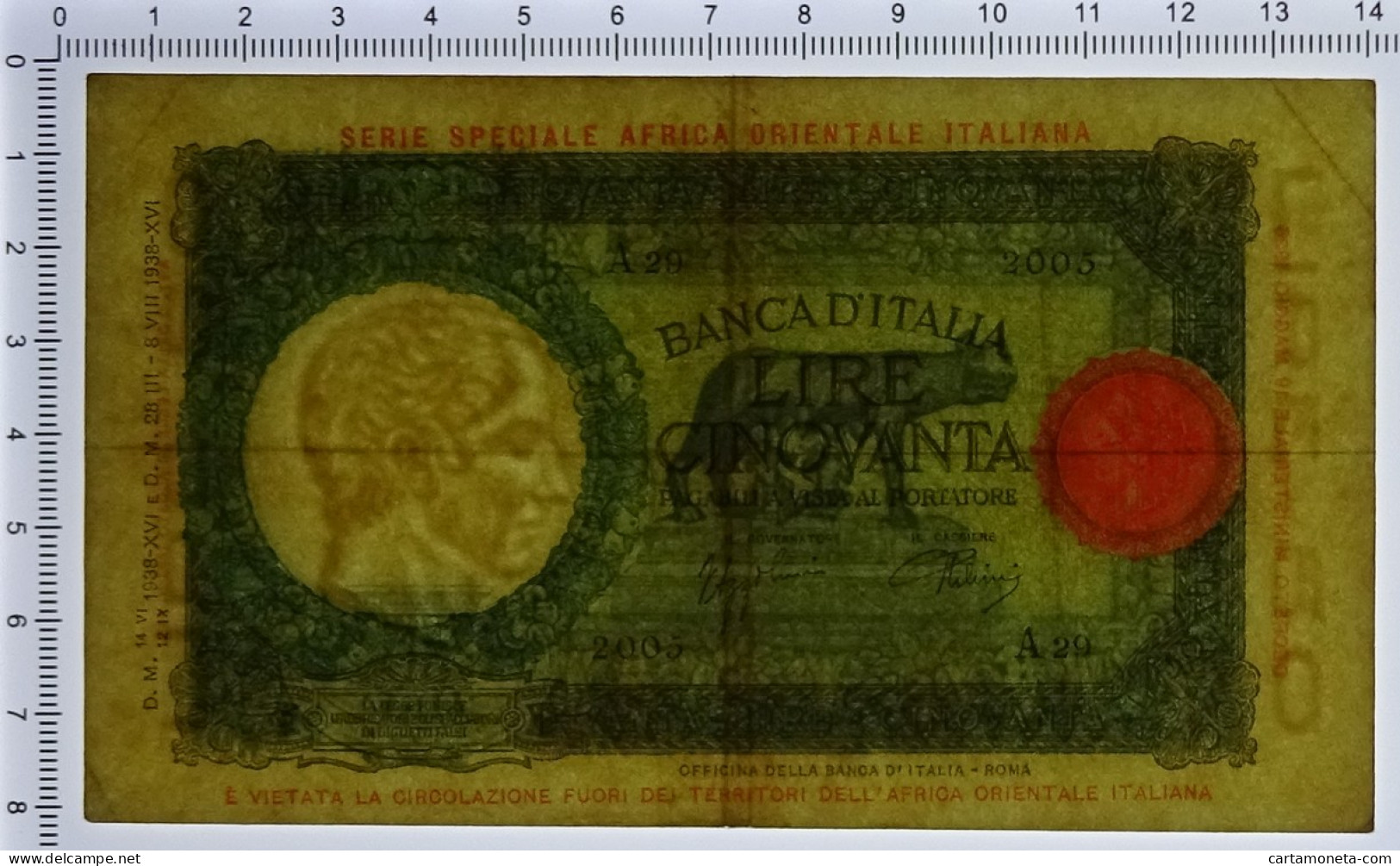 50 LIRE CAPRANESI LUPA CAP. AFRICA ORIENTALE ITALIANA AOI 12/09/1938 BB+ - Italian East Africa