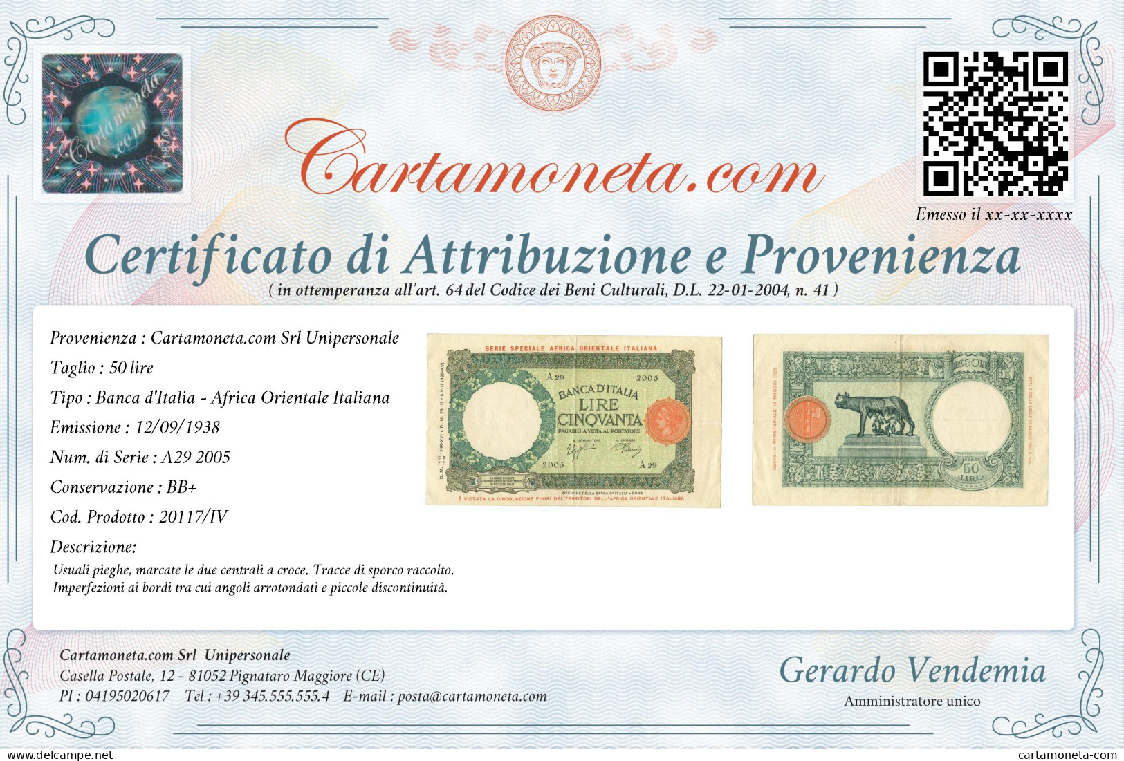 50 LIRE CAPRANESI LUPA CAP. AFRICA ORIENTALE ITALIANA AOI 12/09/1938 BB+ - Italiaans Oost-Afrika