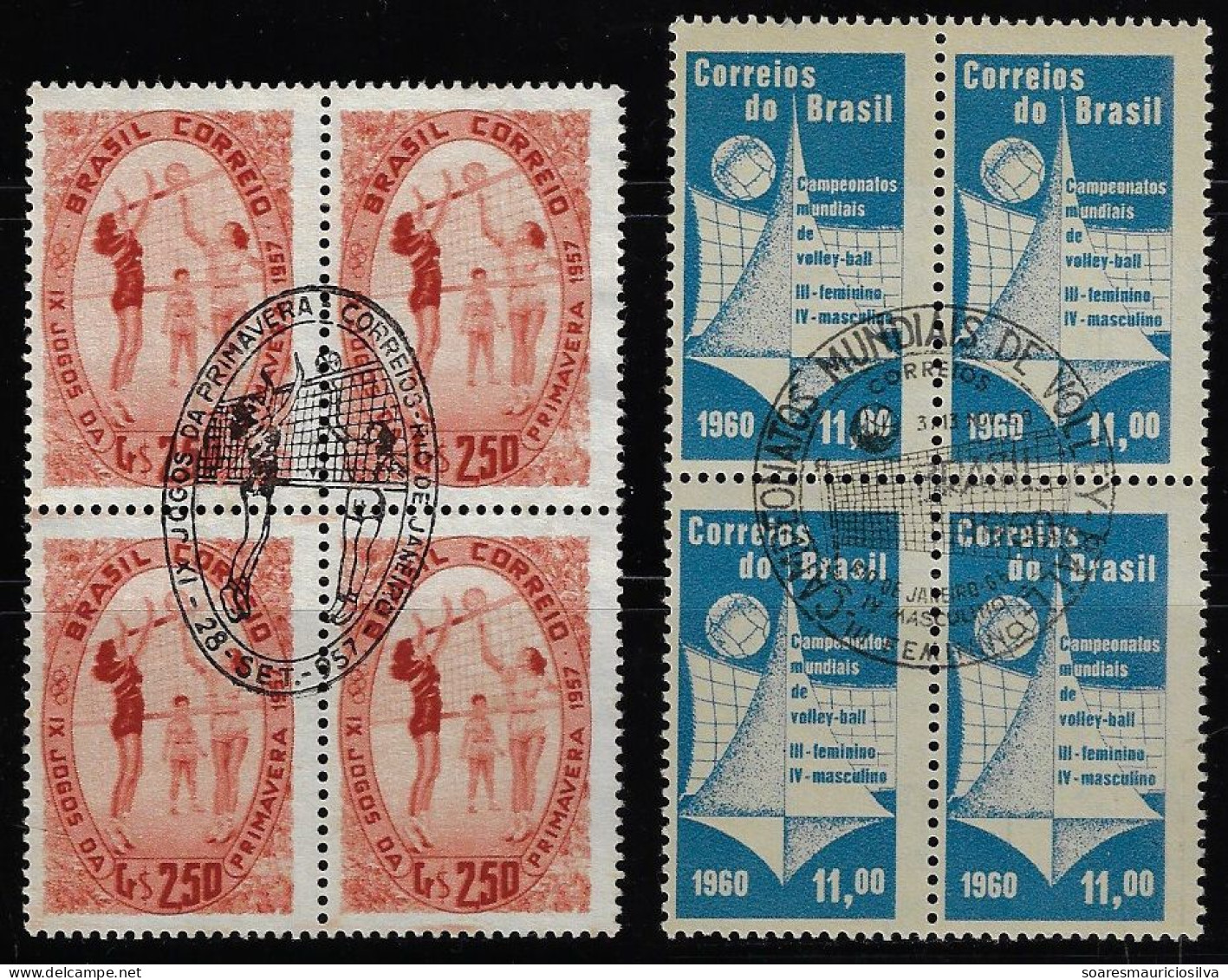 Brazil 1957 1960 Spring Games And Men's And Women's Volleyball World Championship Block Of 4 With Commemorative Cancel - Volley-Ball