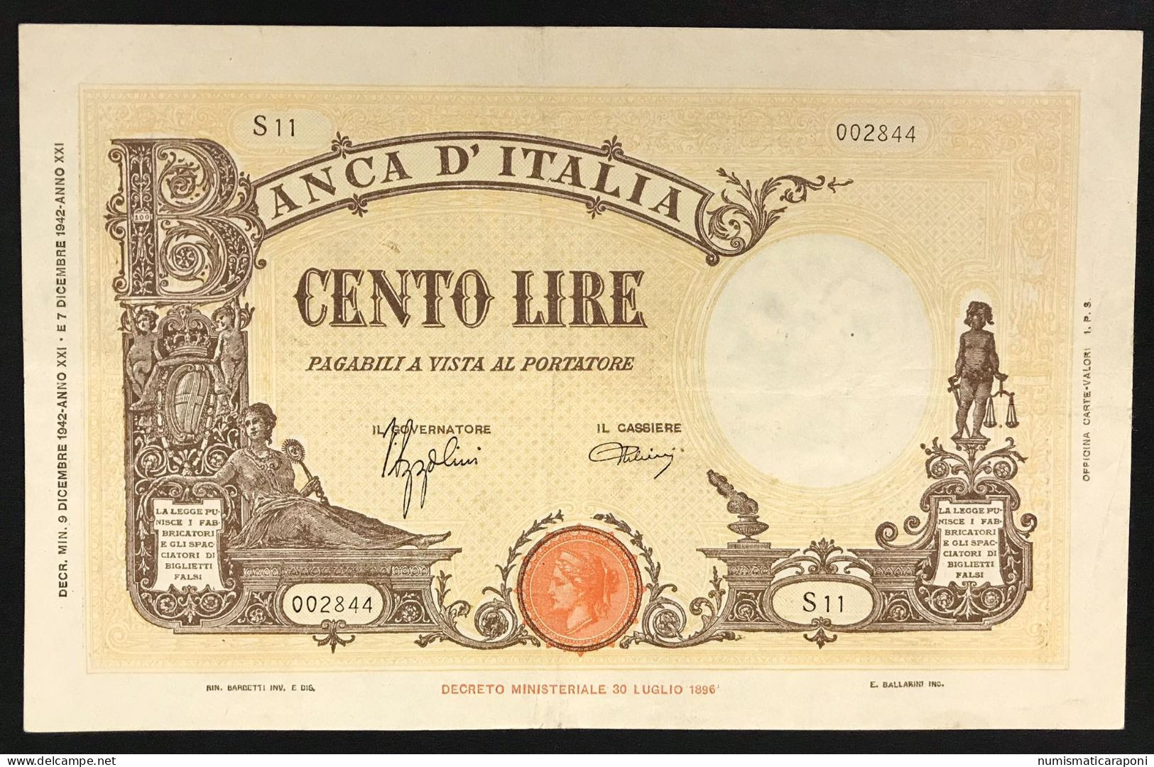 100 LIRE BARBETTI GRANDE B FASCIO 09 12 1942 BIGLIETTO Pressato Bb+ LOTTO 1859 - 100 Liras