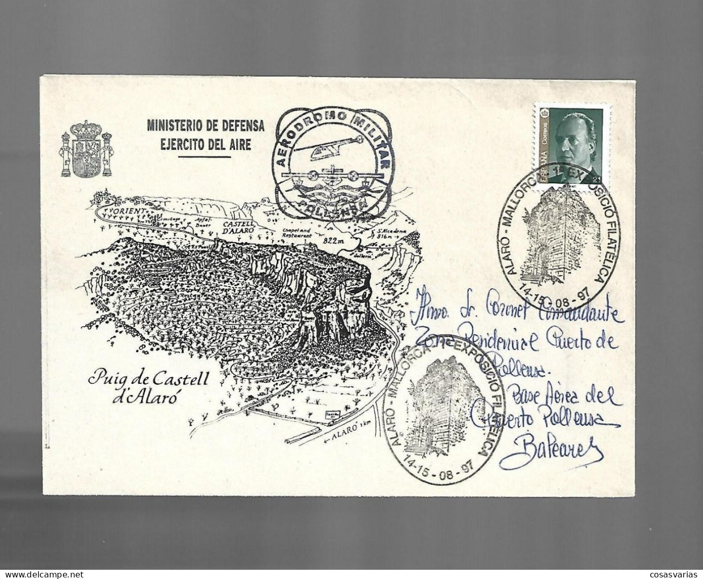 EXPOSICION FILATELICA ALARO AERODROMO MILITAR POLLENSA SOBRE PUIG  ENTERO MATASELLO ESPECIAL CONMEMORATIVO LETTRE COVER - Feuillets Souvenir