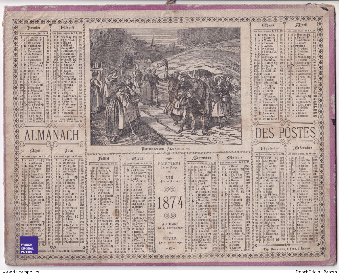 Almanach Des Postes - Rare Calendrier 1874 Oberthur Rennes Paris Gravure Emigration Alsacienne Alsace Poste E2-13 - Groot Formaat: ...-1900