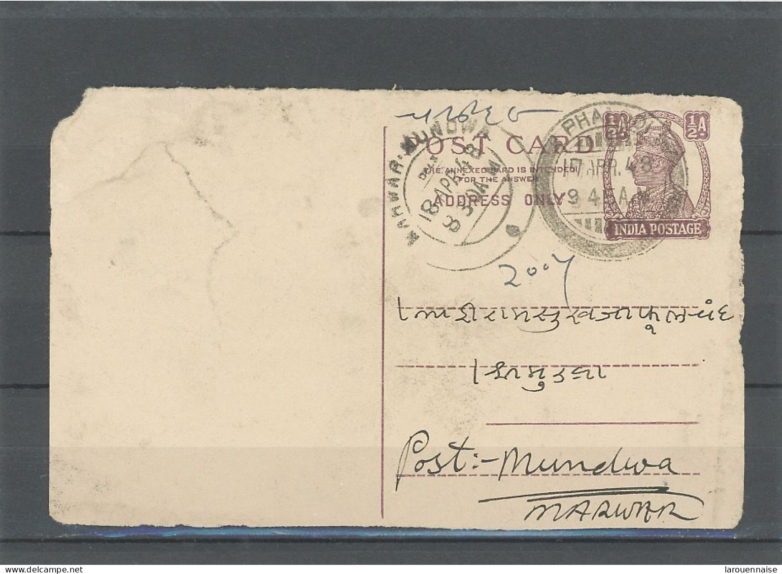 INDES - ENTIER  CARTE POSTALE - TYPE GEORGE VI -1/2 ANNA VIOLET -CàD PHALODI 17 APR .48 POUR MUNDWA / MARWAR - 1936-47 King George VI