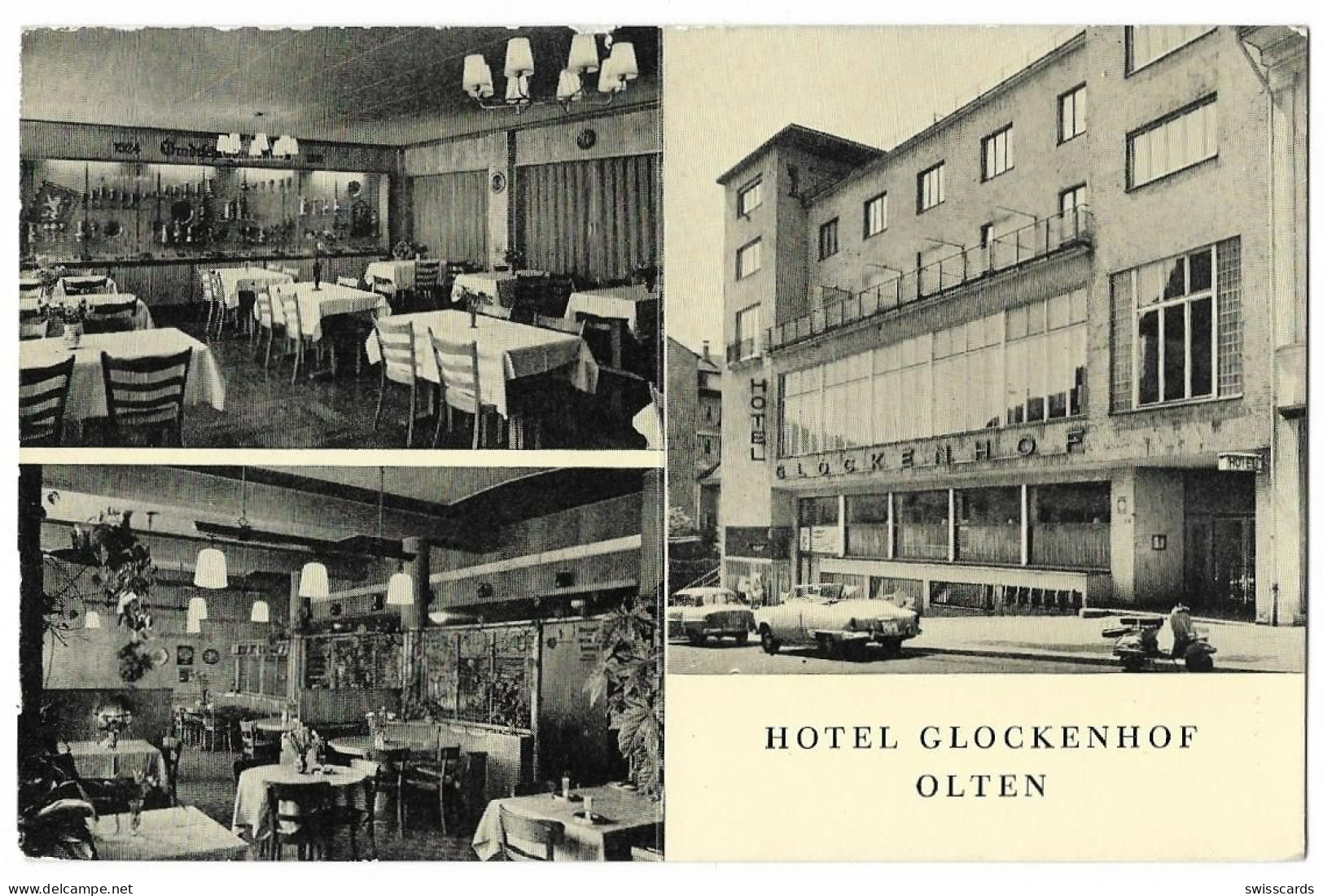 OLTEN: Hotel Glockenhof, 3-Bild-Werbe-AK Mit Oldtimern ~1955 - Olten