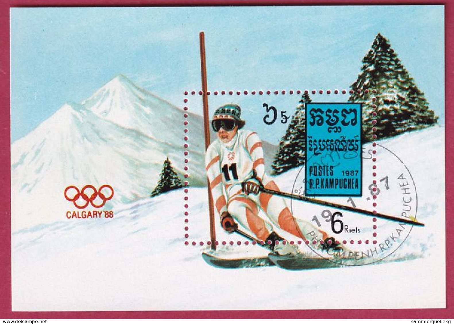 Kambodscha Block 150 Gestempelt, Olympische Winterspiele 1988 In Calgary - Skiabfahrtslauf (Nr.2304) - Inverno1988: Calgary