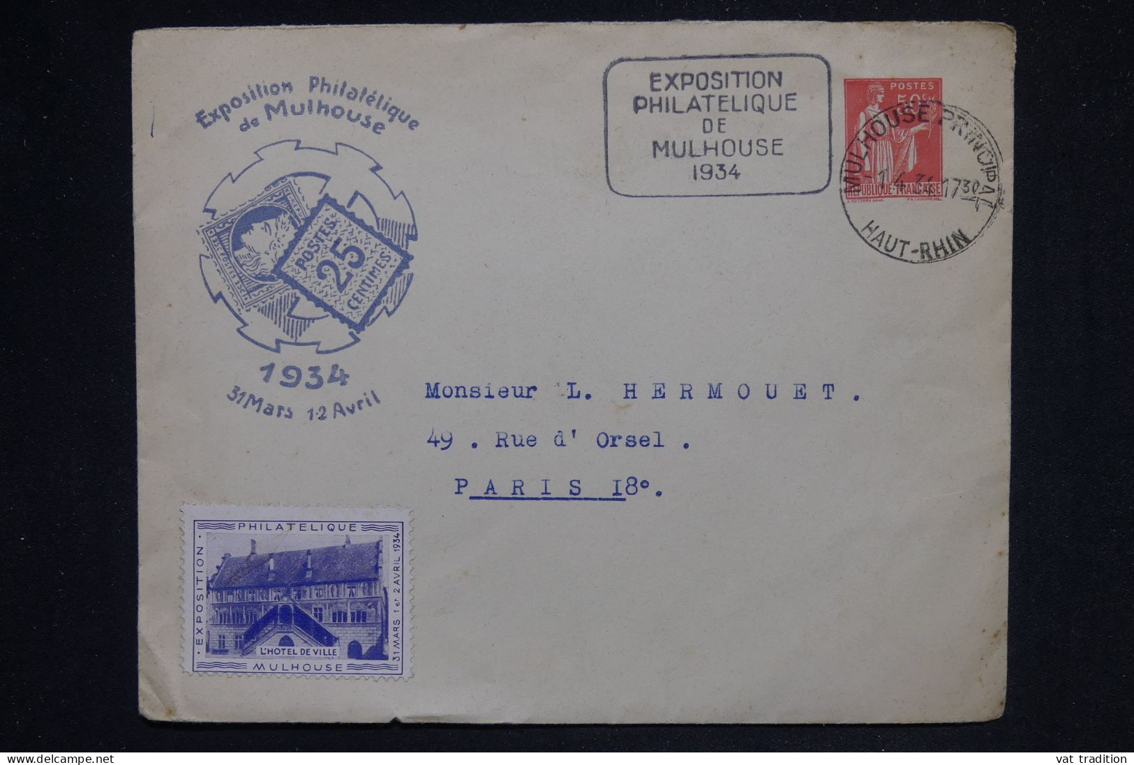 FRANCE - Entier Postal De L'Exposition Philatélique De Mulhouse En 1934 Pour Paris - L 149466 - Bigewerkte Envelop  (voor 1995)