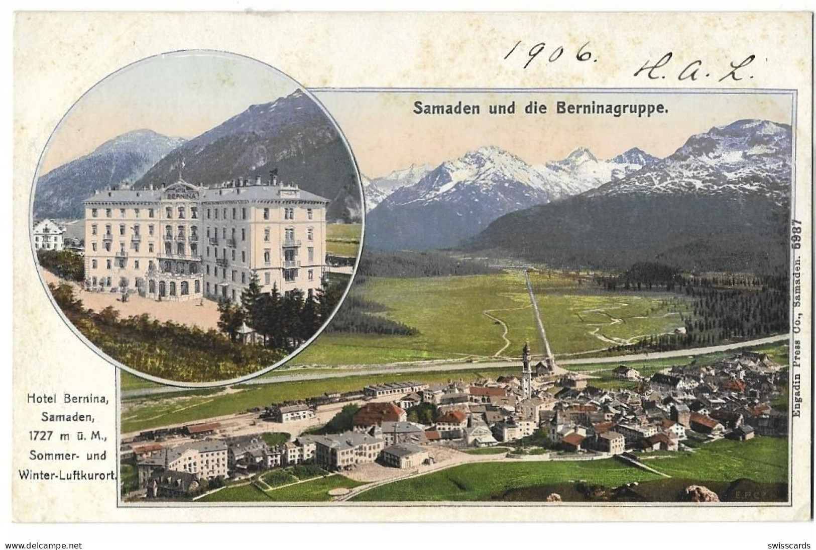 SAMADEN: 2-Bild-AK Mit Hotel Bernina, Coloriert 1906 - Sils Im Engadin/Segl