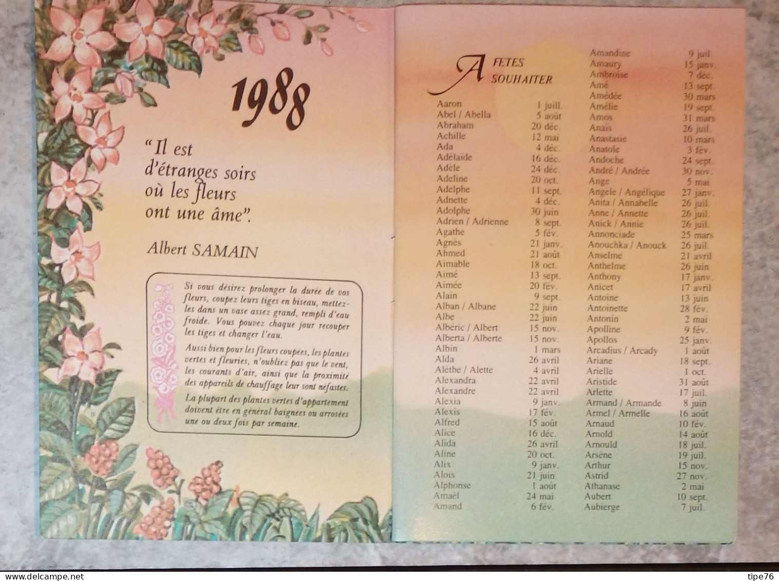 Petit Calendrier Poche Agenda 1988  Fleurs Campagne Fleuriste Maisons Alfort Avenue Gambetta  20 Pages - Petit Format : 1981-90