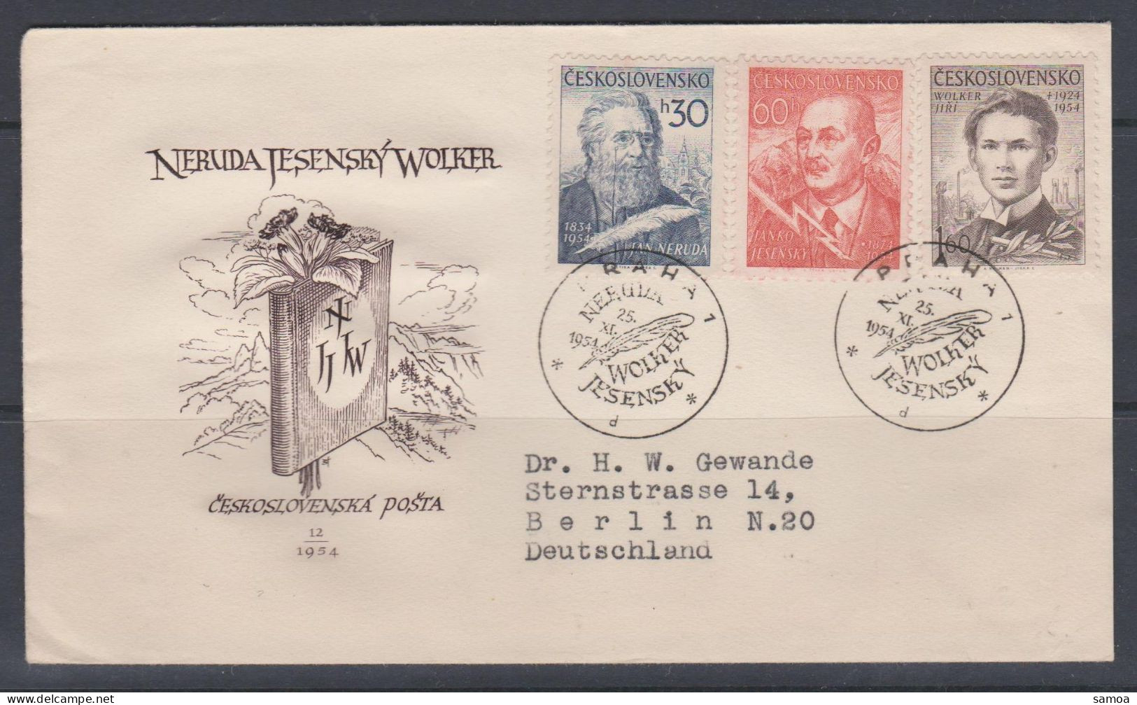 Tchécoslovaquie FDC 1954 782-84 Poètes Neruda Jesensky Wolker - FDC