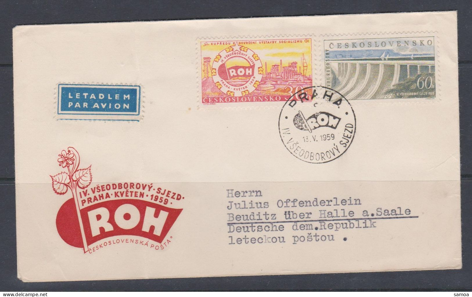 Tchécoslovaquie FDC 1959 1022-23 Congrès Des Syndicats à Prague Barrage D’Orava - FDC