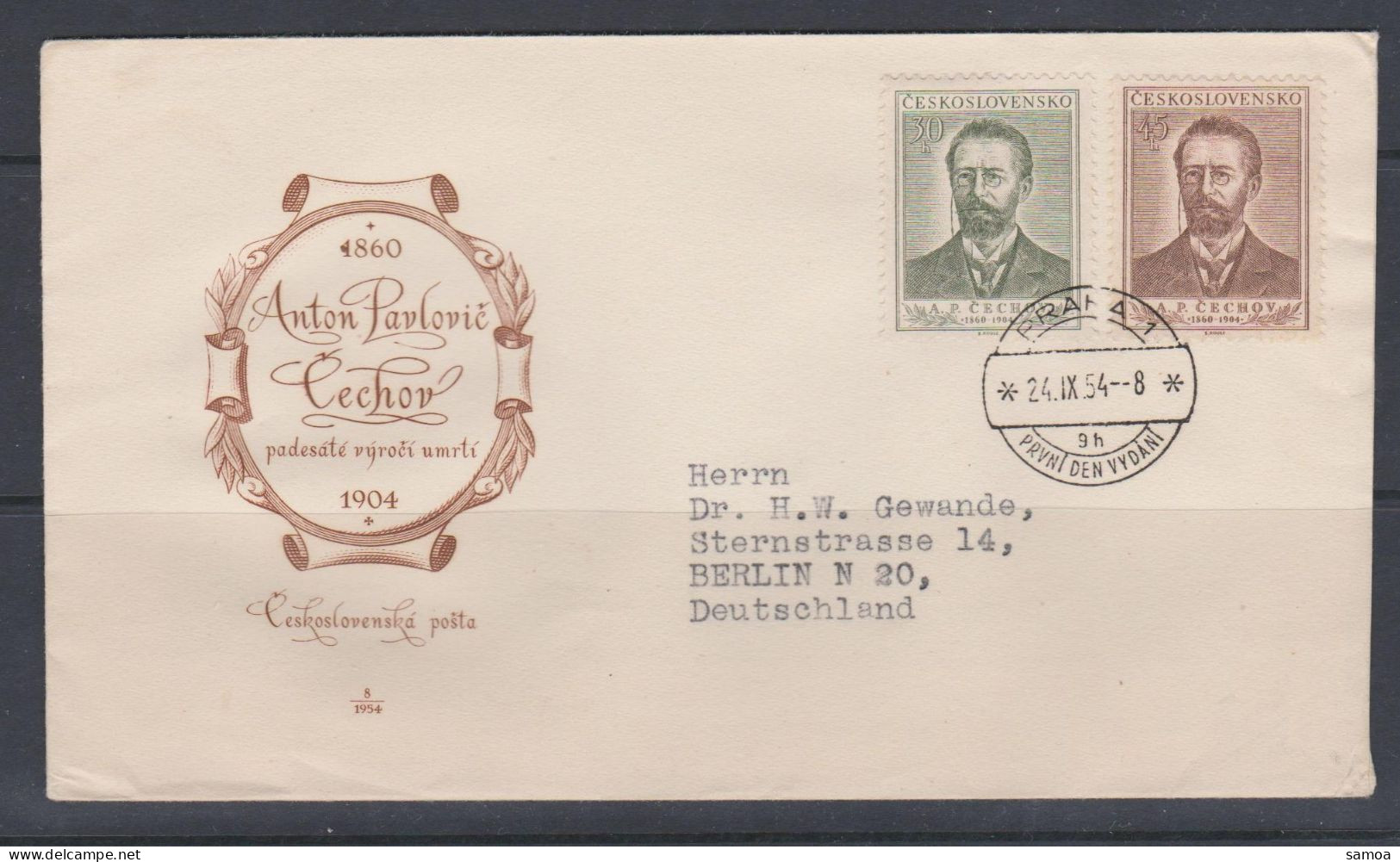 Tchécoslovaquie FDC 1954 775-76 Tchekhov écrivain Russe - FDC