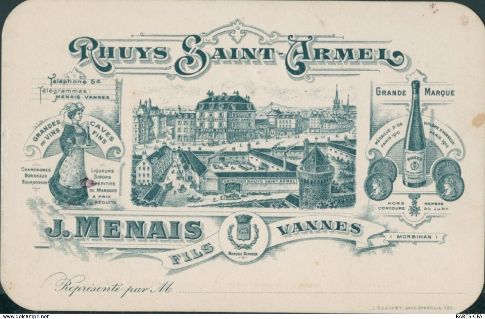 56 VANNES - RHUYS SAINT ARMEL - J. MENAIS FILS - GRANDE CAVE DE VINS - CARTE PUBLICITAIRE - SUPERBE - Vannes