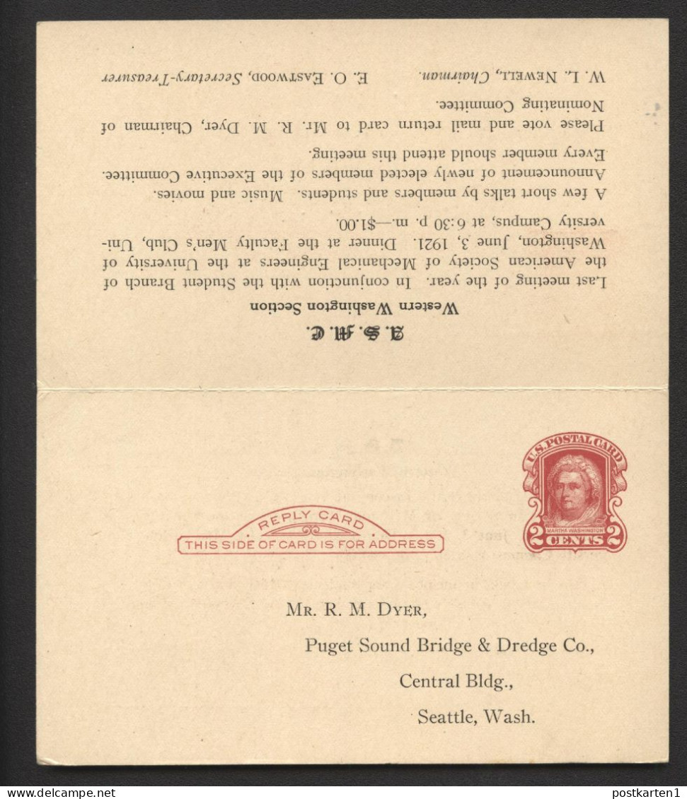 UY8 Postal Card With Reply Seattle WA - Tacoma WA 1921 Cat. $45.00 - 1901-20