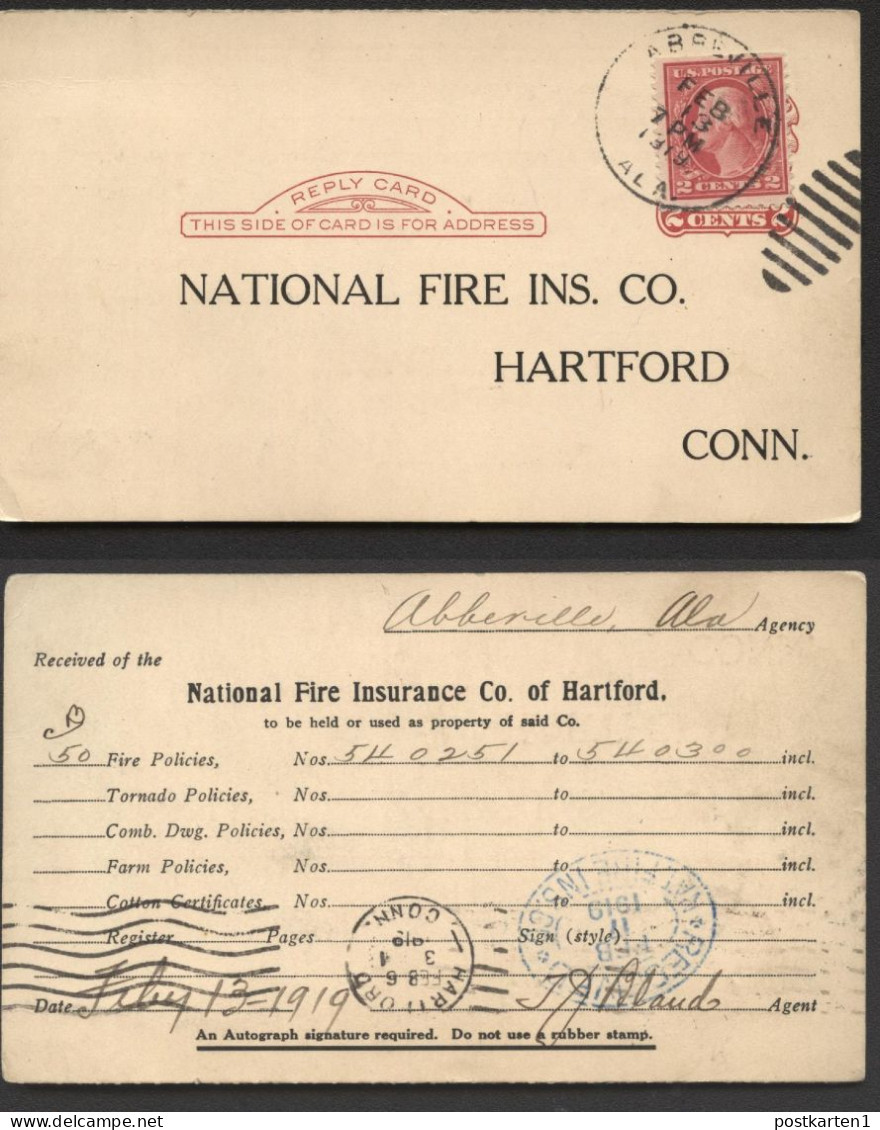 UY8r Reply Card Abbeville AL - Hartford CT 1919 Cat.$8.00 - 1901-20