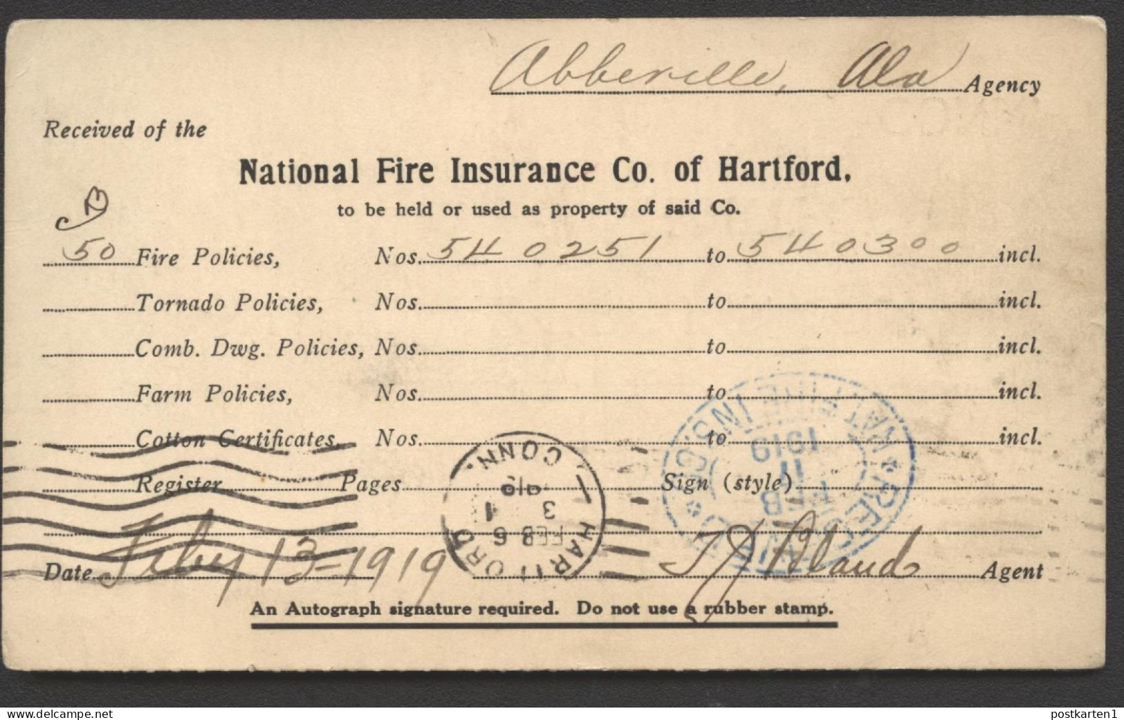 UY8r Reply Card Abbeville AL - Hartford CT 1919 Cat.$8.00 - 1901-20