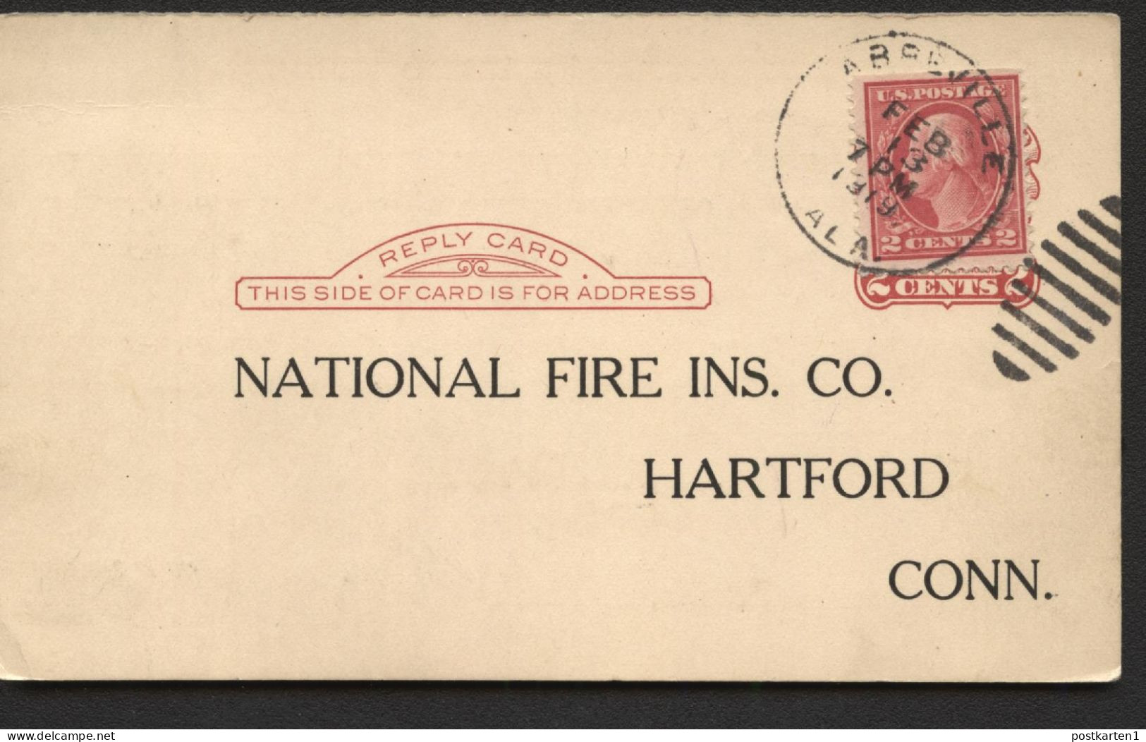 UY8r Reply Card Abbeville AL - Hartford CT 1919 Cat.$8.00 - 1901-20