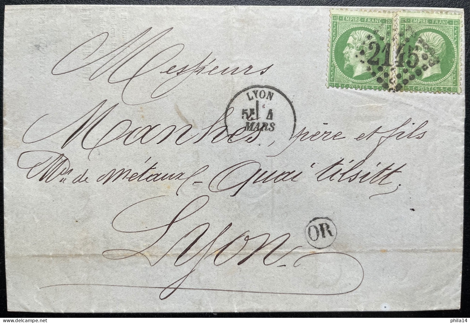 2X N°20 5c VERT SUR LETTRE / LYON POUR LYON / 4 MARS 1871 / LAC MANUFACTURE FE FAIENCE DE L'ETOILE D'ALAI / OR - Lettres & Documents