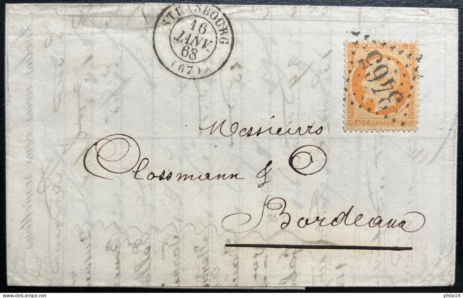 N°23 40c ORANGE SUR LETTRE / STRASBOURG POUR BORDEAUX / 16 JANV 1868 / LAC - Cartas & Documentos