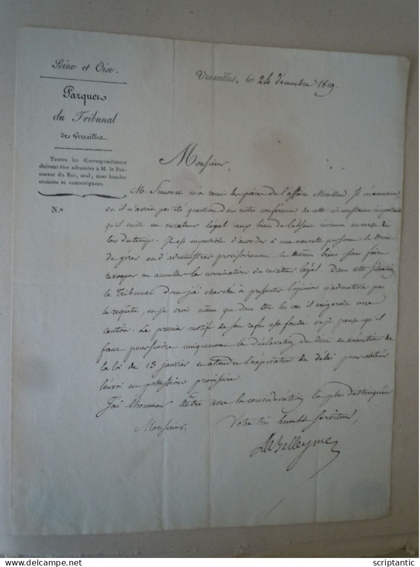 Autographe Louis Marie De BELLEYME (1787-1862) JURISTE Tribunal Versailles 1819 - Politiques & Militaires