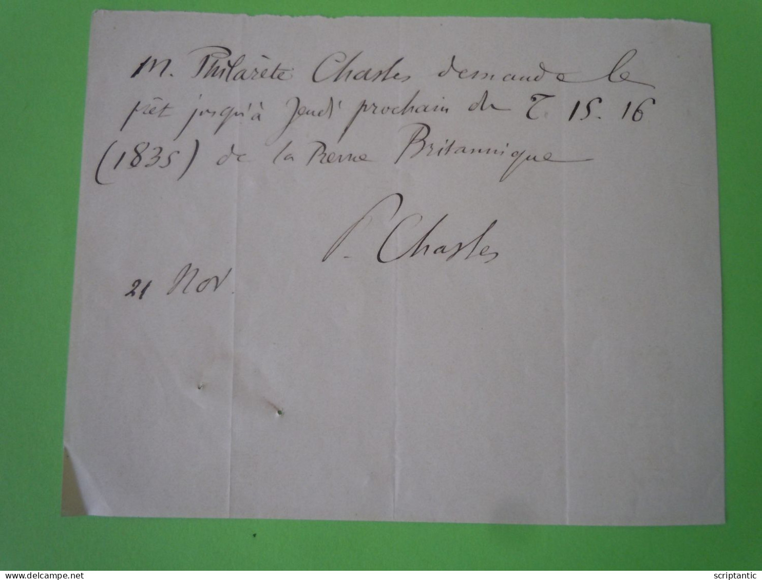 Autographe Philarète CHASLES (1798-1873) Conservateur Bibliothèque Mazarine - Schrijvers