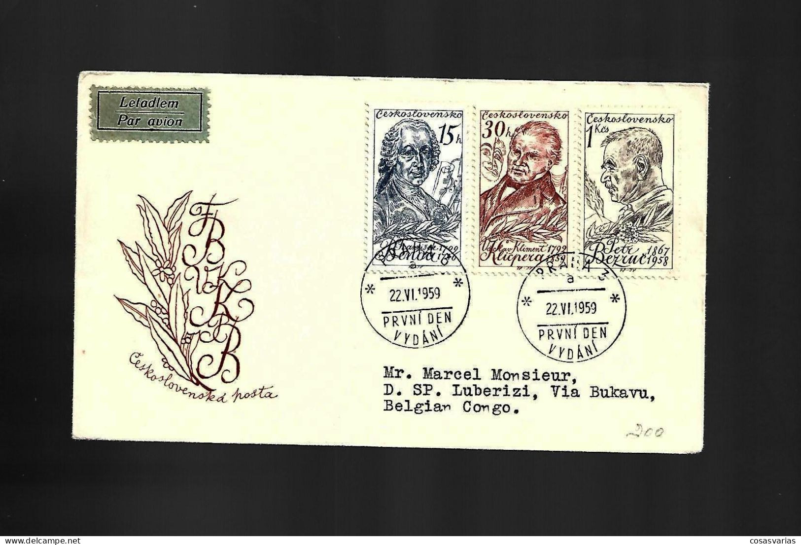 CESKOSLOVENSKO PISEK TO CONGO BELGIAN CHECOSLOVAQUIA PAR AVION 1959 ENTERO CIRCULADO - Airmail