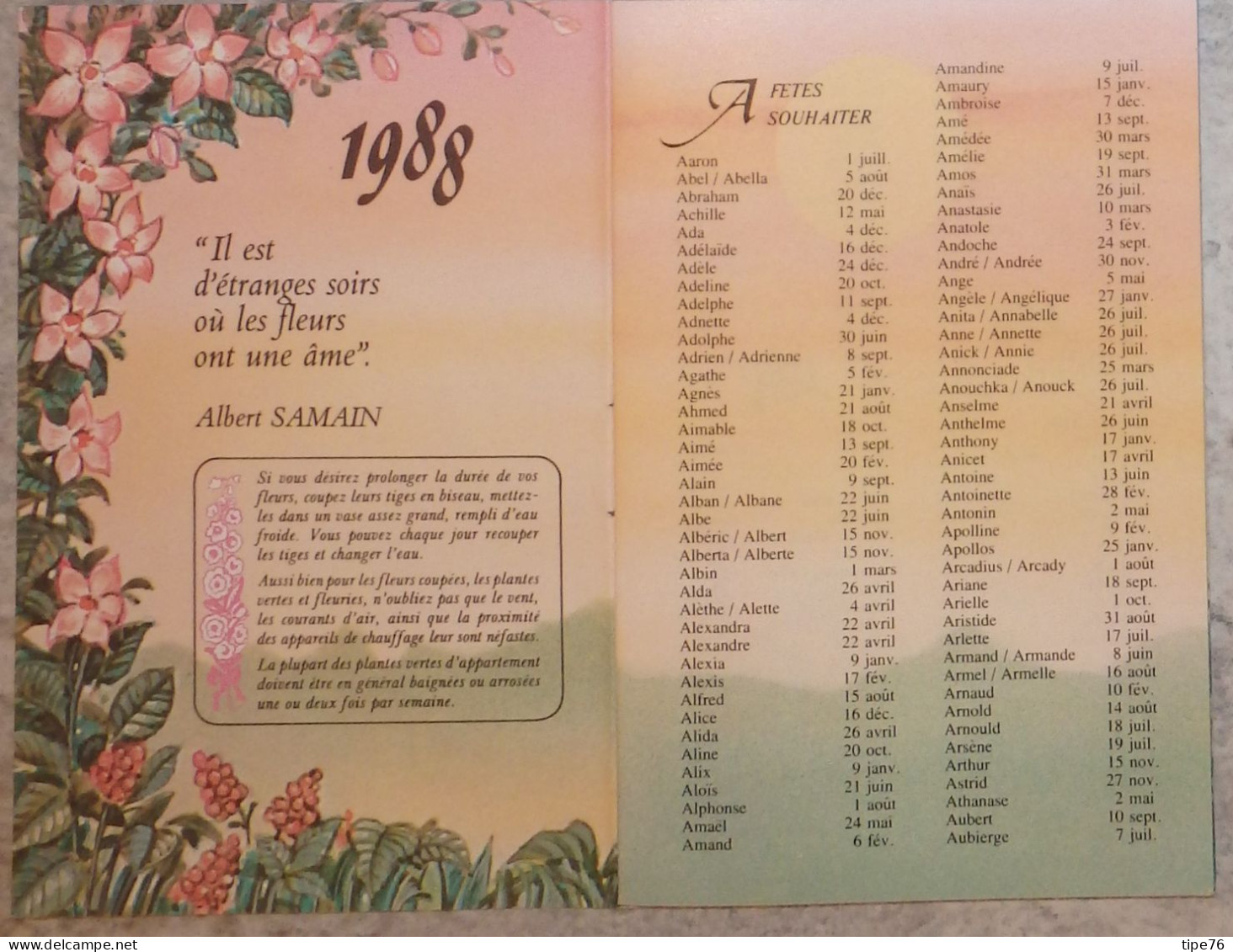 Petit Calendrier Poche Agenda 1988  Fleurs Campagne Puits Fleuriste Interflora Créteil Val De Marne - 20 Pages - Petit Format : 1981-90