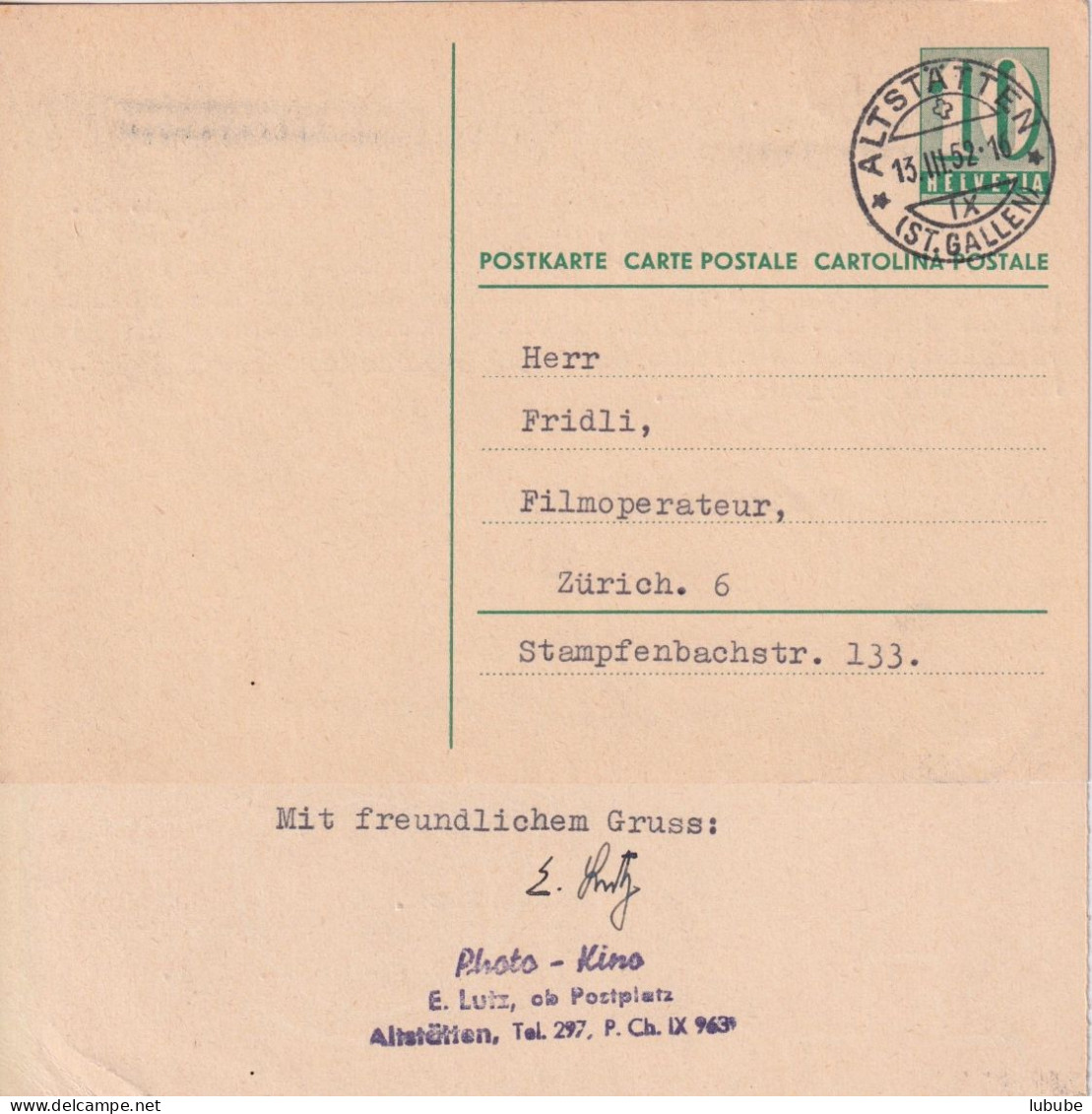 PK 178x  "Photo Kino Lutz, Altstätten SG"  (Frühdatum)         1952 - Entiers Postaux