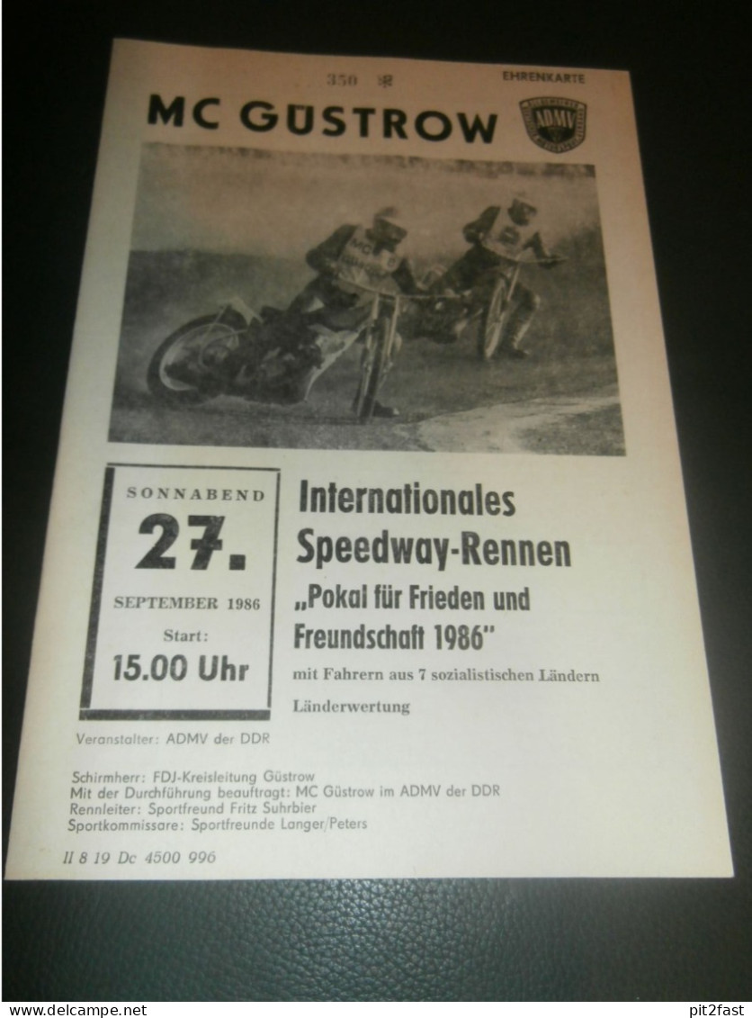 Speedway Güstrow 27.09.1986 , Pokal Für Frieden Und Freundschaft , Programmheft , Programm , Rennprogramm !!! - Moto