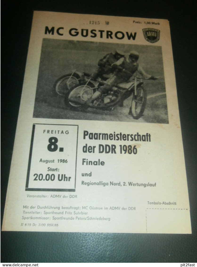 Speedway Güstrow 08.08.1986 , Finale DDR Paarmeisterschaft  , Programmheft , Programm , Rennprogramm !!! - Motor Bikes