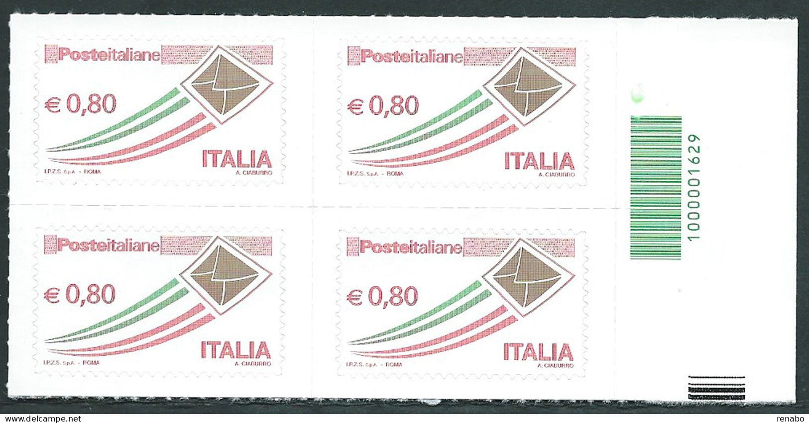 Italia 2014; Posta Italiana Da 0,80 Bordo Corto; Quartina Con L' Unica Barra Del Foglio. - Bar Codes