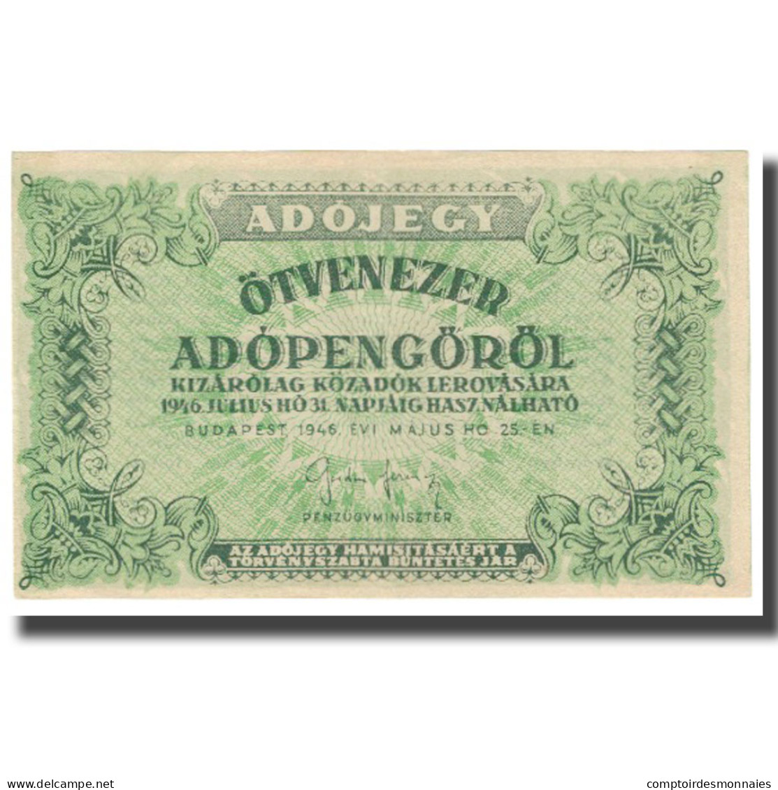Billet, Hongrie, 50,000 (Ötvenezer) Adópengö, 1946, 1946-05-24, KM:138b, SUP - Ungheria