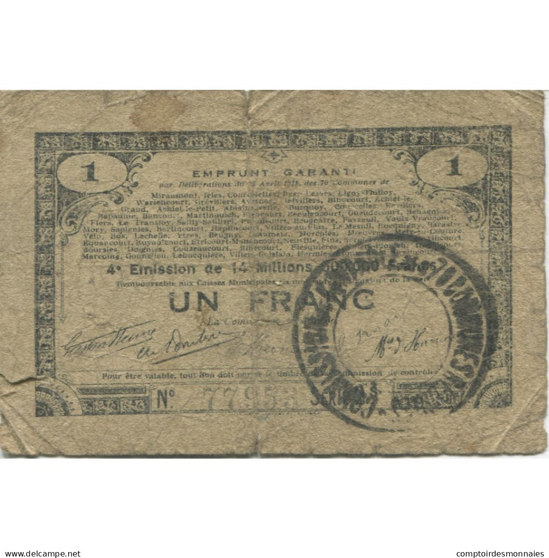 Billet, France, 70 Communes, 1 Franc, 1915, TB, Pirot:62-79 - Bonds & Basic Needs