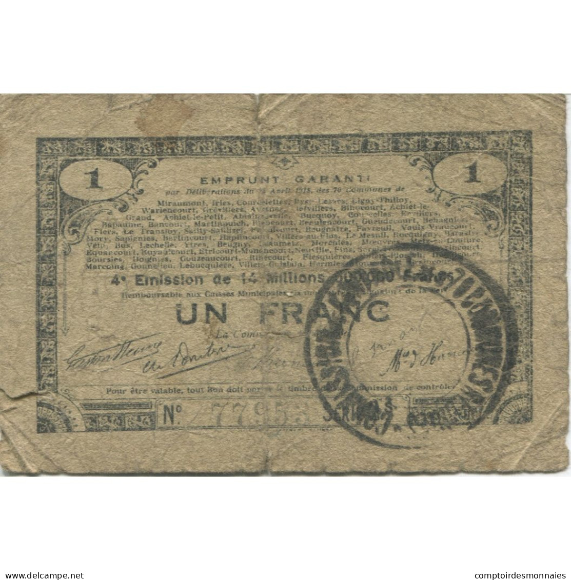 Billet, France, 70 Communes, 1 Franc, 1915, TB, Pirot:62-79 - Bons & Nécessité
