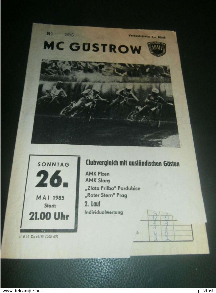 Speedway Güstrow 26.05.1985 , Plzen , Slany , Pardubice , Prag , Programmheft , Programm , Rennprogramm !!! - Motor Bikes