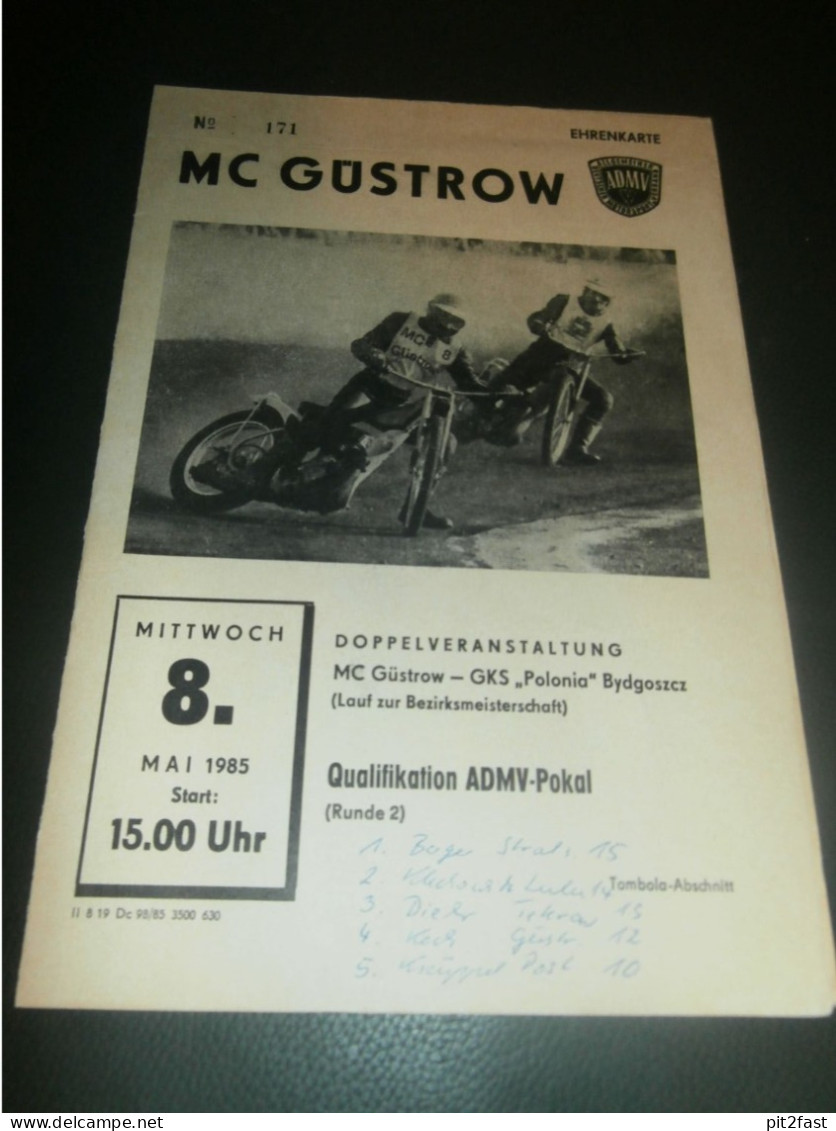 Speedway Güstrow 08.05.1985 , Bydgoszcz , ADMV Pokal , Programmheft , Programm , Rennprogramm !!! - Motor Bikes