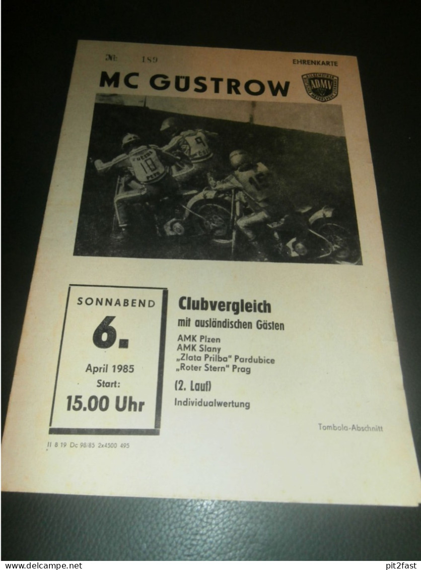 Speedway Güstrow 06.04.1985 , Plzen , Slany , Pardubice , Prag , Programmheft , Programm , Rennprogramm !!! - Motorräder