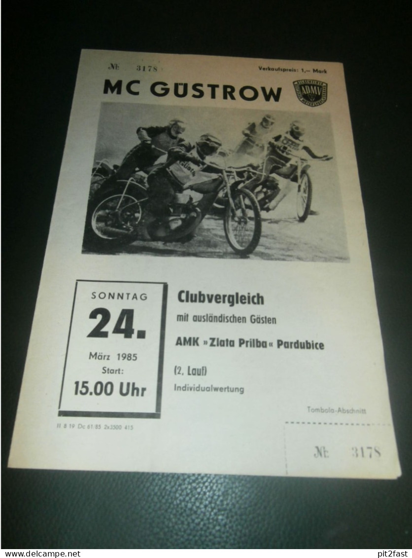 Speedway Güstrow 24.03.1985 , Zlata Prilba Pardubice , Programmheft , Programm , Rennprogramm !!! - Moto