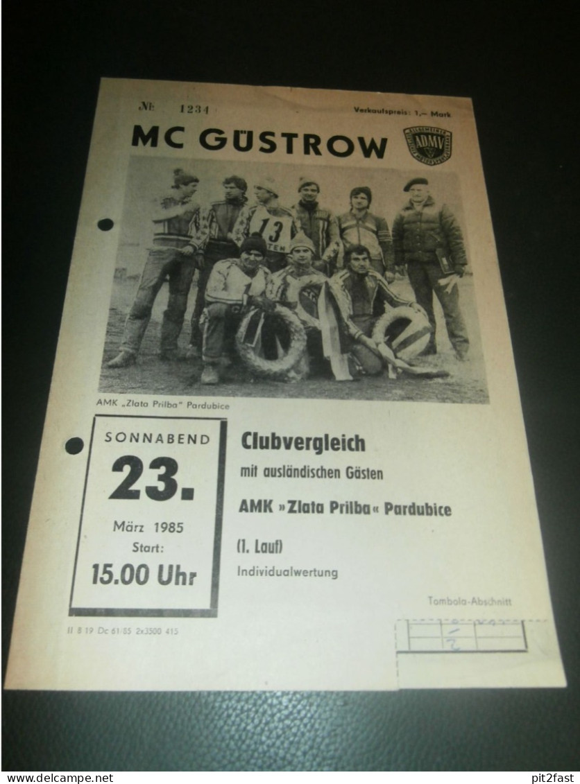 Speedway Güstrow 23.03.1985 , Zlata Prilba Pardubice , Programmheft , Programm , Rennprogramm !!! - Motor Bikes