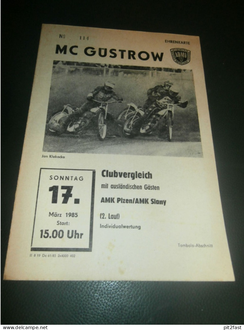 Speedway Güstrow 17.03.1985 , Plzen , Slany , Programmheft , Programm , Rennprogramm !!! - Motor Bikes