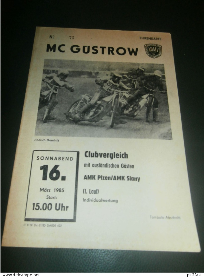 Speedway Güstrow 16.03.1985 , Plzen , Slany , Programmheft , Programm , Rennprogramm !!! - Motor Bikes