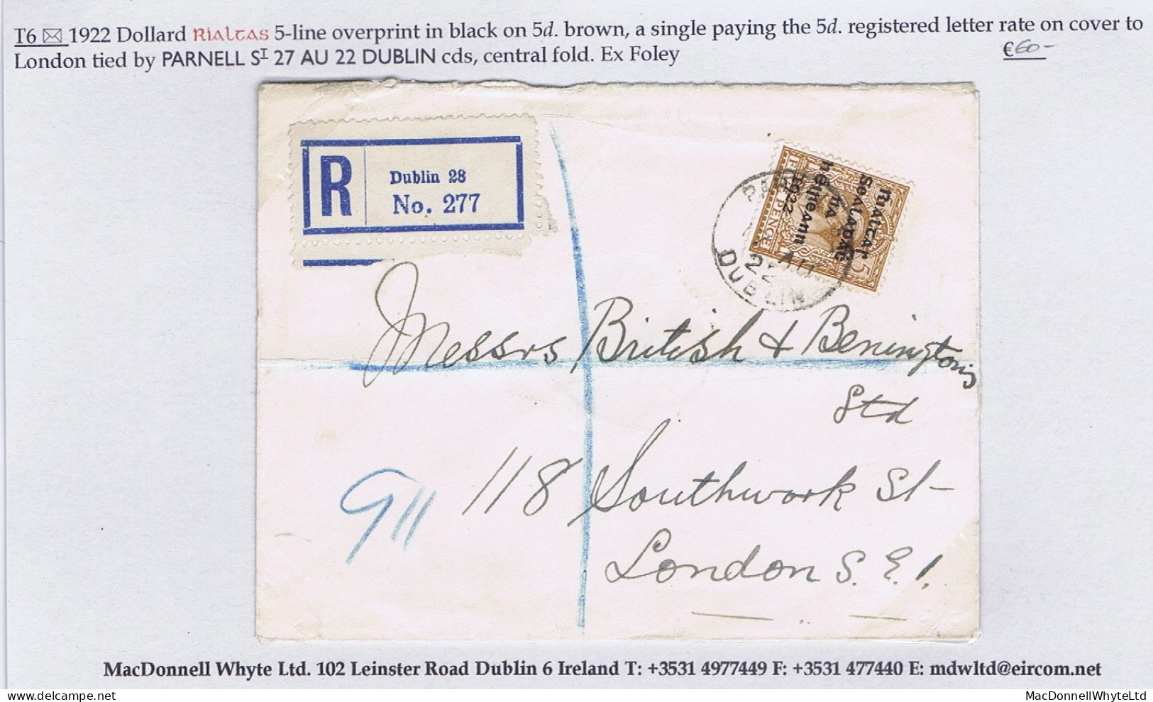 Ireland 1922 Dollard Rialtas 5-line Overprint In Black On 5d Used On Cover To London Tied PARNELL ST DUBLIN 17 AU 22 - Covers & Documents