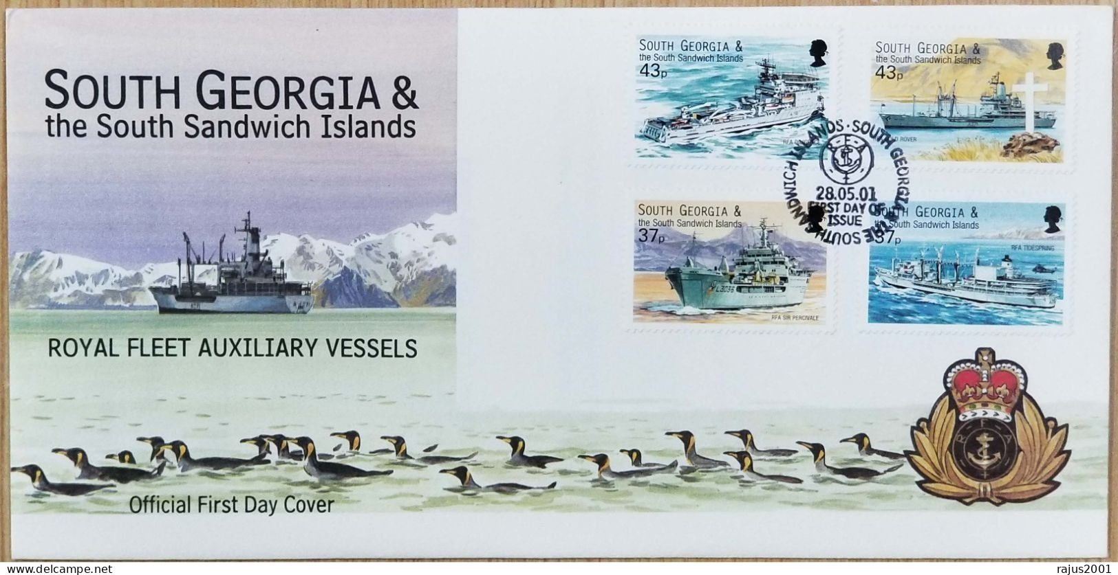 Royal Fleet Auxiliary Force, Navy, Royal Marines, Ministry Of Defence Ship, Penguin, Mountain, South Georgia FDC 2001 - Pinguïns & Vetganzen