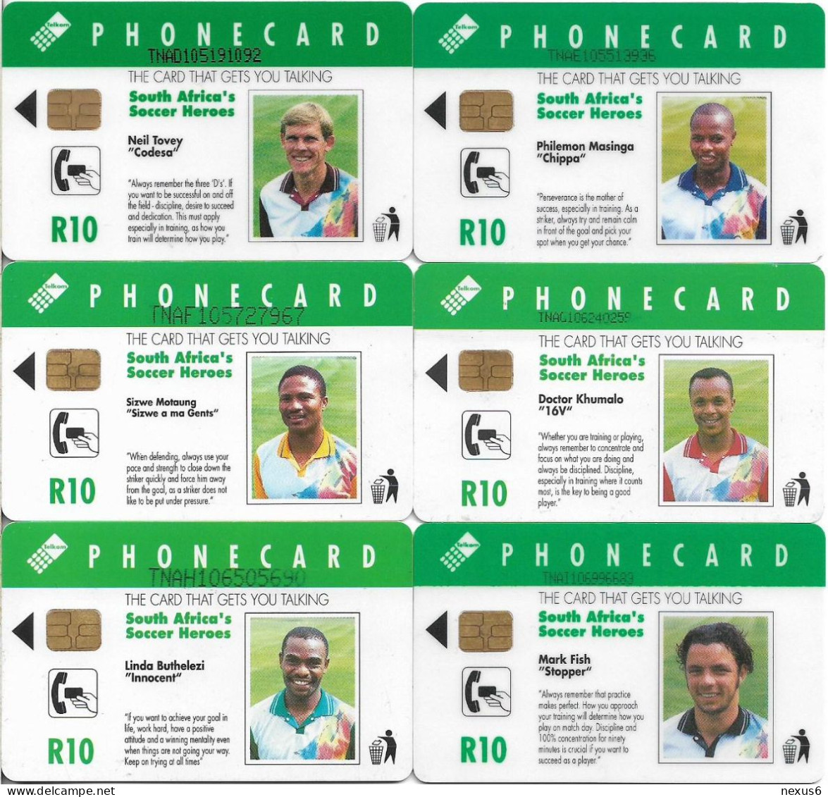 S. Africa - Telkom - S. Africa's Soccer Heroes Complete Set Of 6 Cards, Chip Siemens S30, 1996, 10R, Used - Sudafrica