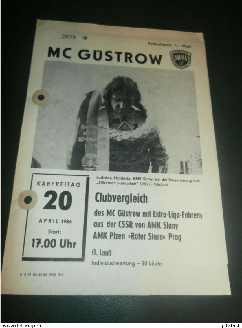 Speedway Güstrow 20.04.1984 , Slany , Prag , Programmheft , Programm , Rennprogramm !!! - Motos
